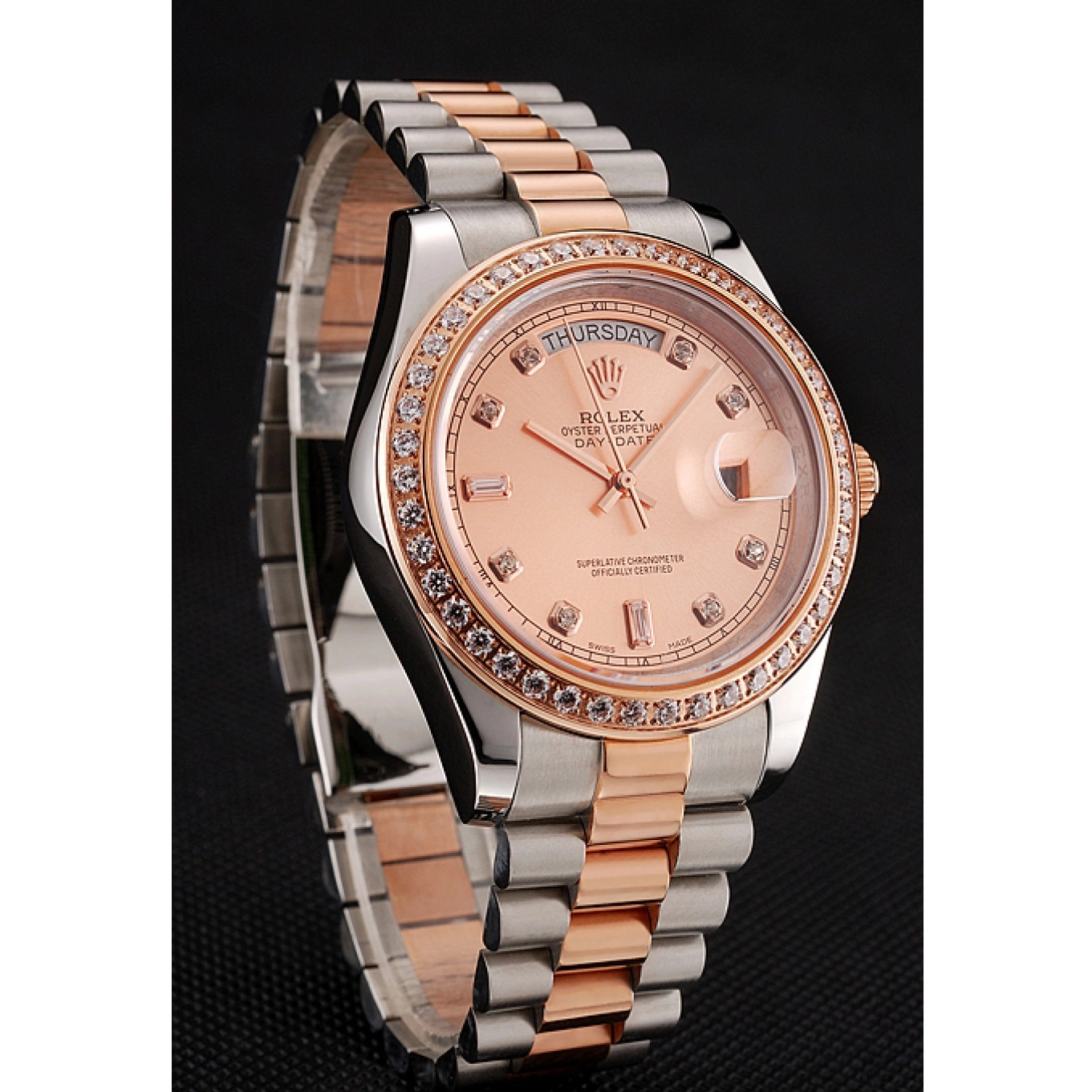 Aaa replica watch Diamonds Gold Staineless Bracelet Bezel Rolex Day-Date And Steel Rose 1454107 Swiss 0814